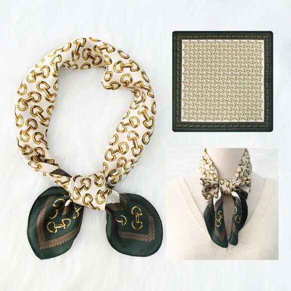 2/$30 Chain Pattern Square Silky Scarf Green & White Head Neck Tie Bag Decor - Picture 1 of 5